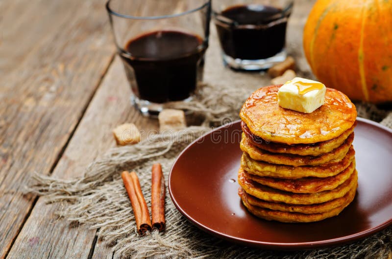 Banana Pumpkin Pancake with Butter and Maple Syrup Stock Photo Image