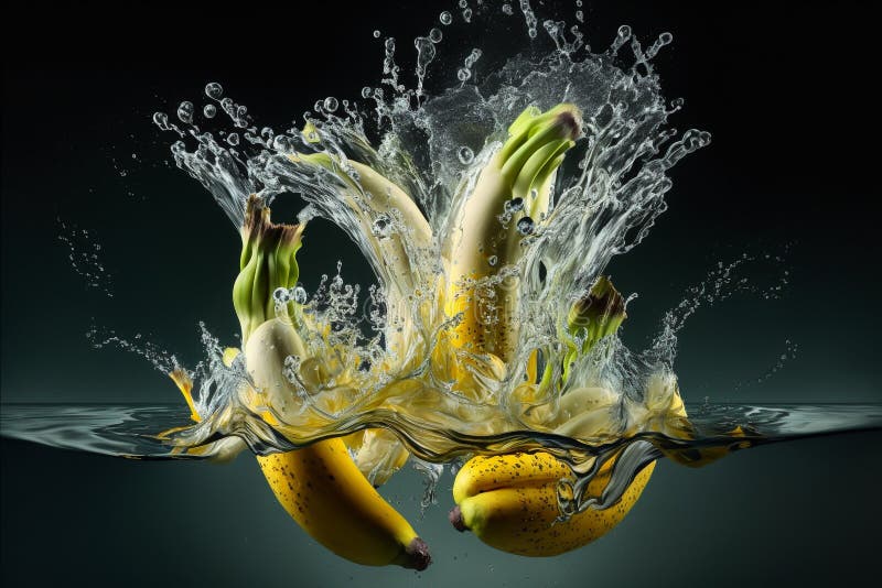 Banana Splashed or Thrown in Water. Water Splash Fresh Fruit Creative