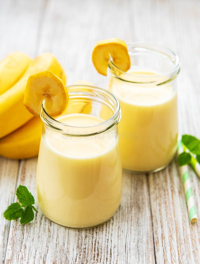 Banana Yogurt and Fresh Bananas Stock Photo - Image of health, drink