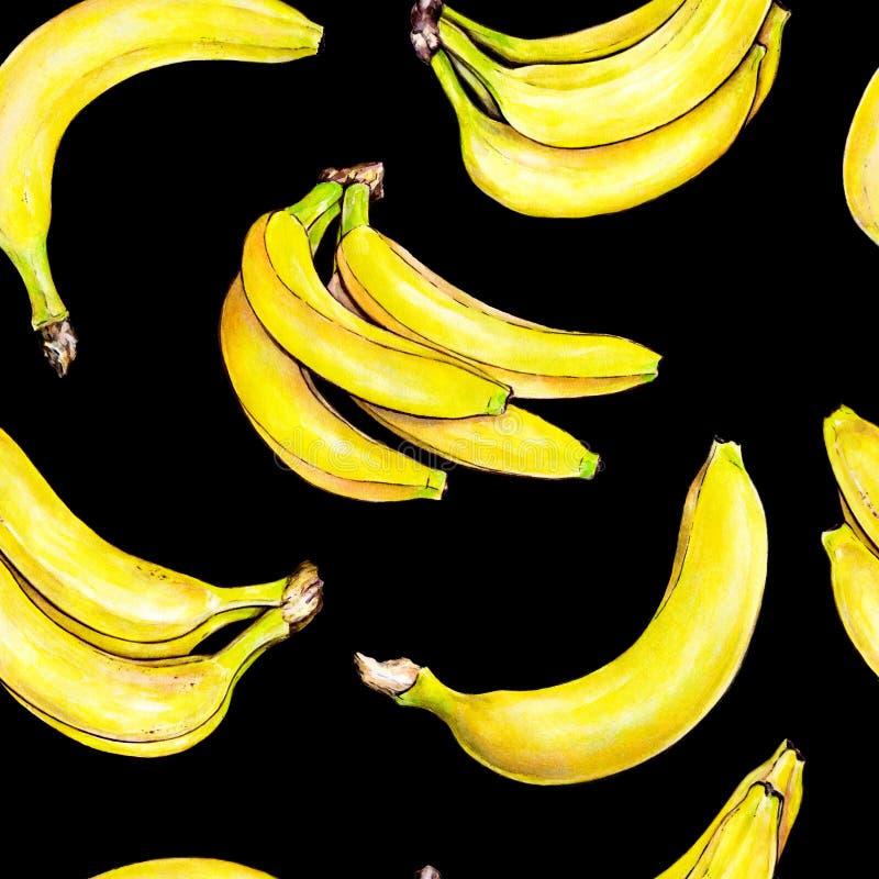 Bananas on black background. Seamless pattern. Watercolor illustration. Tropical fruit. Handwork