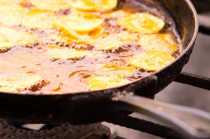 Bananas are Frying on a Steel Pan, Clean Oil Inside Stock Photo Image