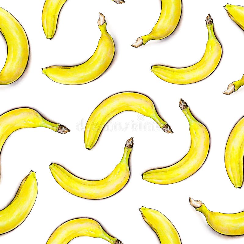 Bananas on white background. Seamless pattern. Watercolor illustration. Tropical fruit. Handwork