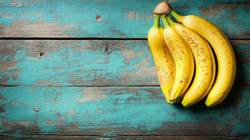Bananele cu coaja galbenă pe fond rustic teal din lemn royalty free stock photos