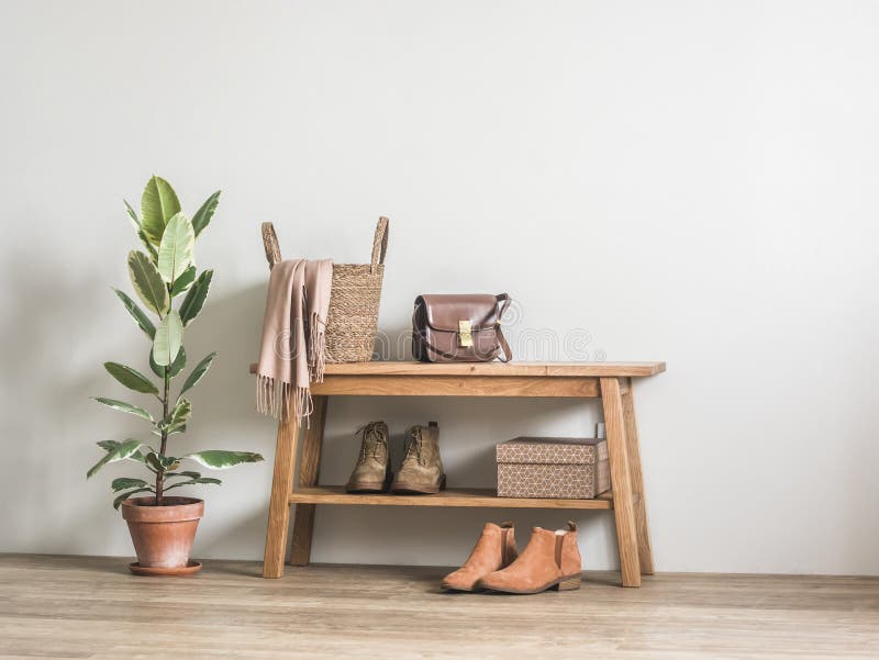 Une Fleur De Ficus Et Un Panier Avec Un Plaid Confortable Sur Un Banc En  Bois Dans Une Pièce Lumineuse