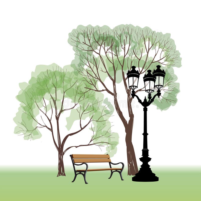 Banc en parc avec l'arbre et le réverbère Paysage de parc de ville V illustration libre de droits Banc en parc avec l'arbre et le réverbère Paysage de parc de ville V illustration libre de droits
