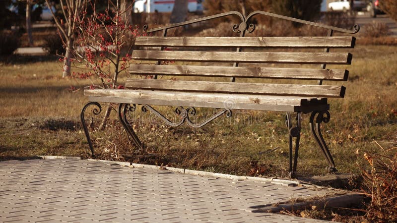 Banc vide dans le parc pendant la période du coronavirus. concept d'auto-isolement pendant la période couverte 19. vieux bois banque de vidéos