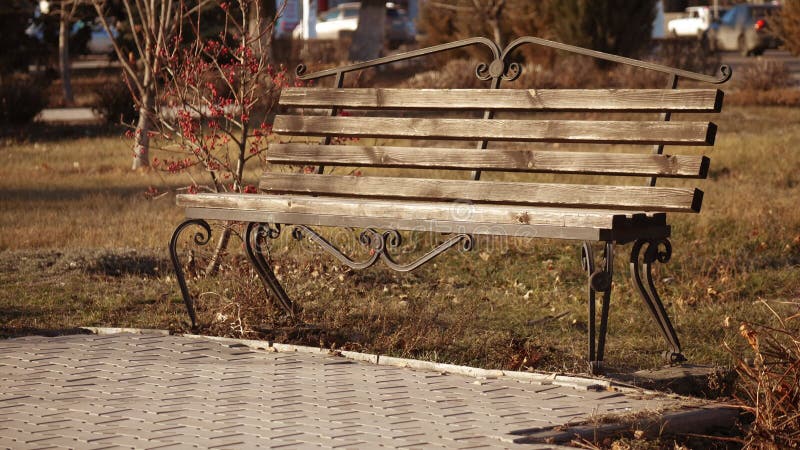 Banc vide dans le parc pendant la période du coronavirus. concept d'auto-isolement pendant la période de cécité 19. vieux bois banque de vidéos