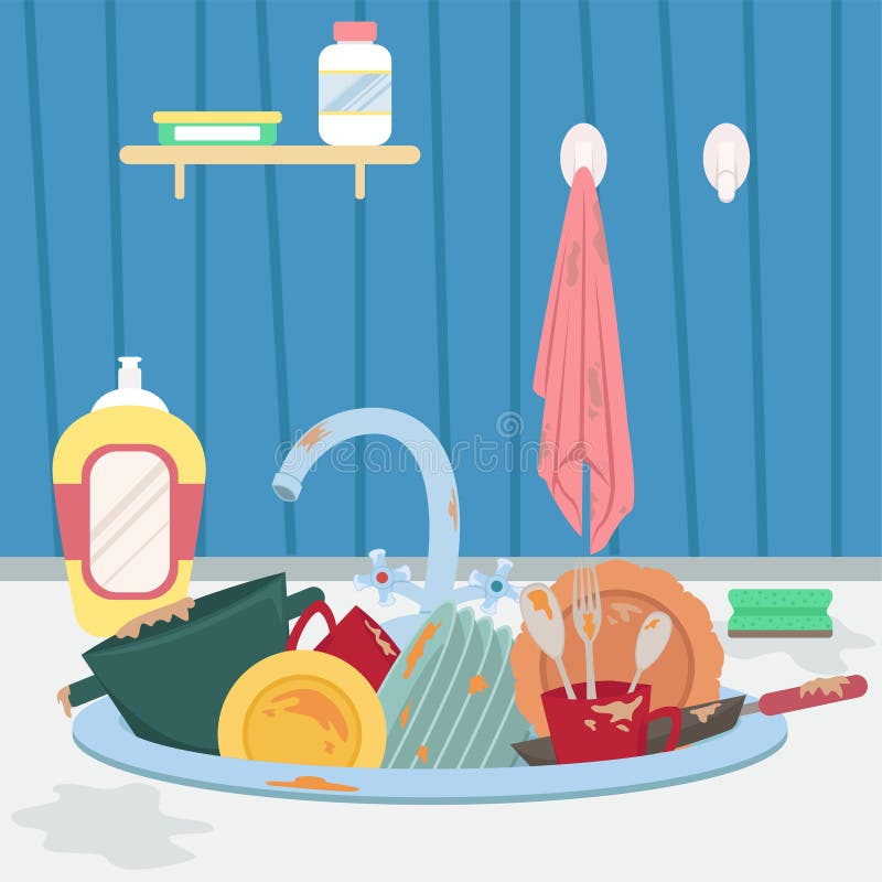 Banca da cozinha com pratos e a toalha sujos housework ilustração do vetor Banca da cozinha com pratos e a toalha sujos housework ilustração do vetor
