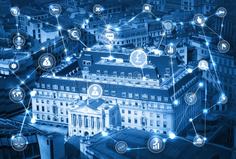 Banca di Inghilterra Illustrazione con le icone di affari e di comunicazione, concetto delle connessioni di rete immagini stock Banca di Inghilterra Illustrazione con le icone di affari e di comunicazione, concetto delle connessioni di rete immagini stock