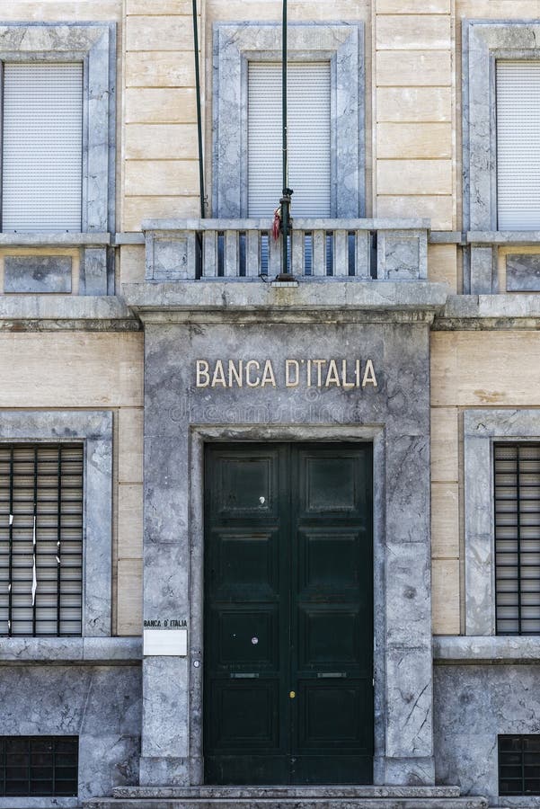 Marsala, Italy - May 11, 2023: Facade and sign of the Banca Italia bank in the old town of Marsala, Trapani, Sicily, Italy. Marsala, Italy - May 11, 2023: Facade and sign of the Banca Italia bank in the old town of Marsala, Trapani, Sicily, Italy