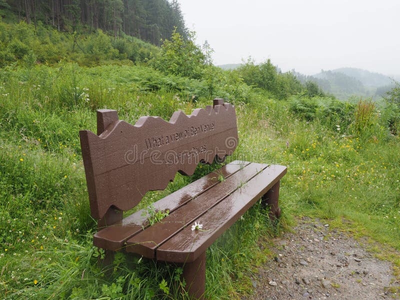 Banco de parque empapado por la lluvia - punto de vista de Ben Venue - parque nacional de Trossachs - Escocia fotos de archivo libres de regalías Banco de parque empapado por la lluvia - punto de vista de Ben Venue - parque nacional de Trossachs - Escocia fotos de archivo libres de regalías