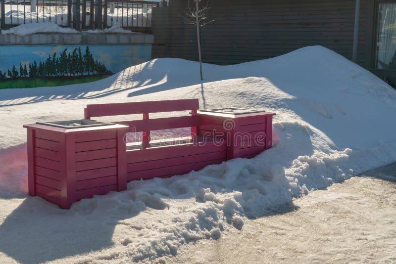 Banco de parque rosado brillante en la ciudad en la nieve en invierno imagen de archivo Banco de parque rosado brillante en la ciudad en la nieve en invierno imagen de archivo