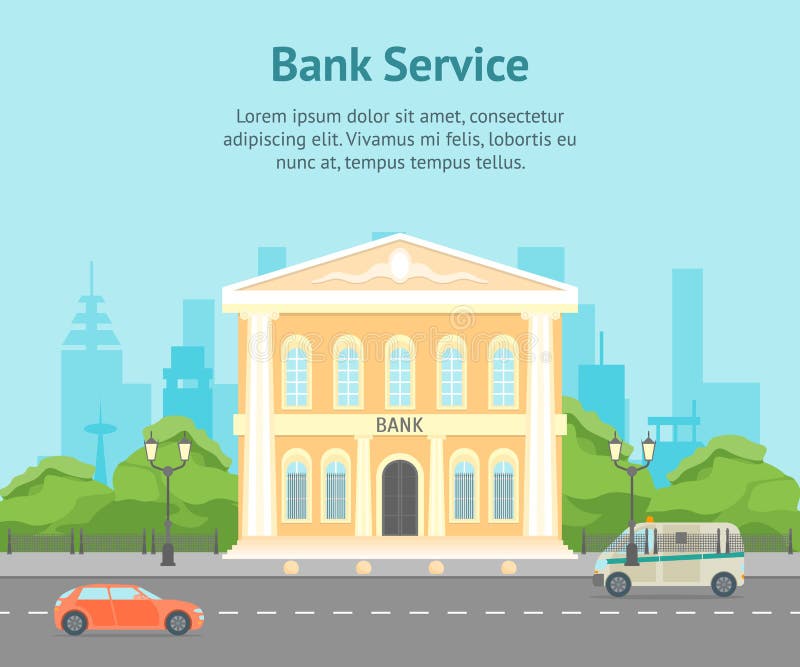 Banco del edificio de la historieta en un cartel de la tarjeta del fondo del paisaje de la ciudad Vector libre illustration Banco del edificio de la historieta en un cartel de la tarjeta del fondo del paisaje de la ciudad Vector libre illustration