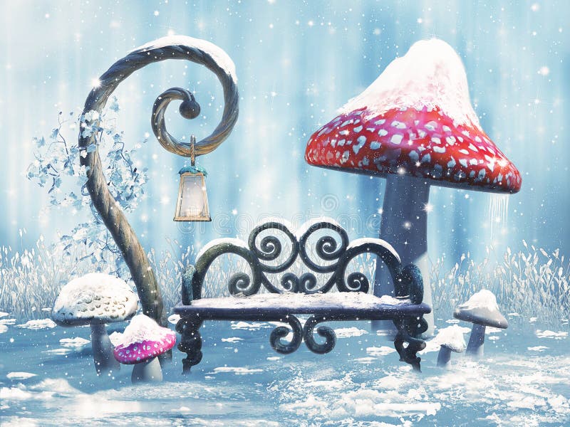 Banco e cogumelos do inverno da fantasia