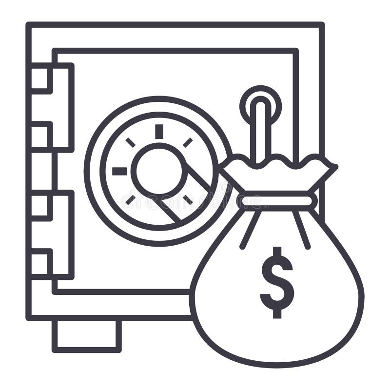 Banco seguro con la línea icono, muestra, ejemplo del vector del bolso del dinero en el fondo, movimientos editable libre illustration Banco seguro con la línea icono, muestra, ejemplo del vector del bolso del dinero en el fondo, movimientos editable libre illustration