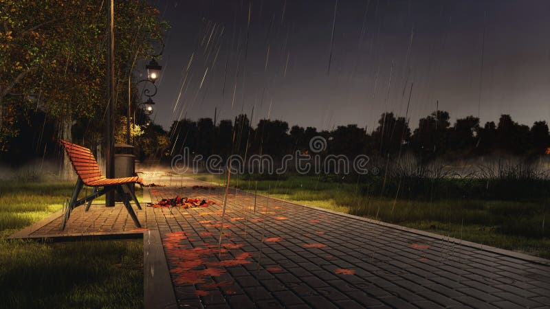 Banco vuoto sul passaggio pedonale del parco alla notte piovosa di autunno immagine stock Banco vuoto sul passaggio pedonale del parco alla notte piovosa di autunno immagine stock