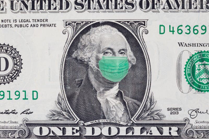 View of One Dollar Bill With Medical Face Mask on  George Washington. View of One Dollar Bill With Medical Face Mask on  George Washington