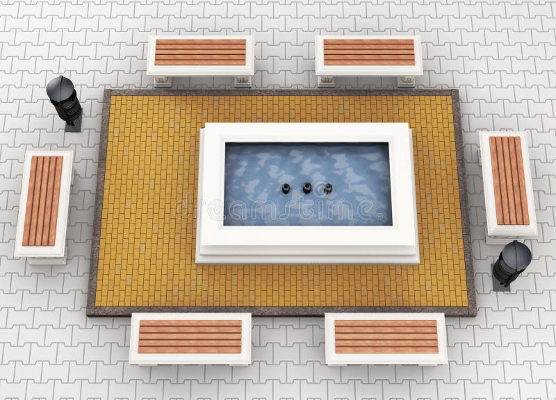 Bancos del paisaje urbano y opinión superior de la fuente representación 3d libre illustration Bancos del paisaje urbano y opinión superior de la fuente representación 3d libre illustration