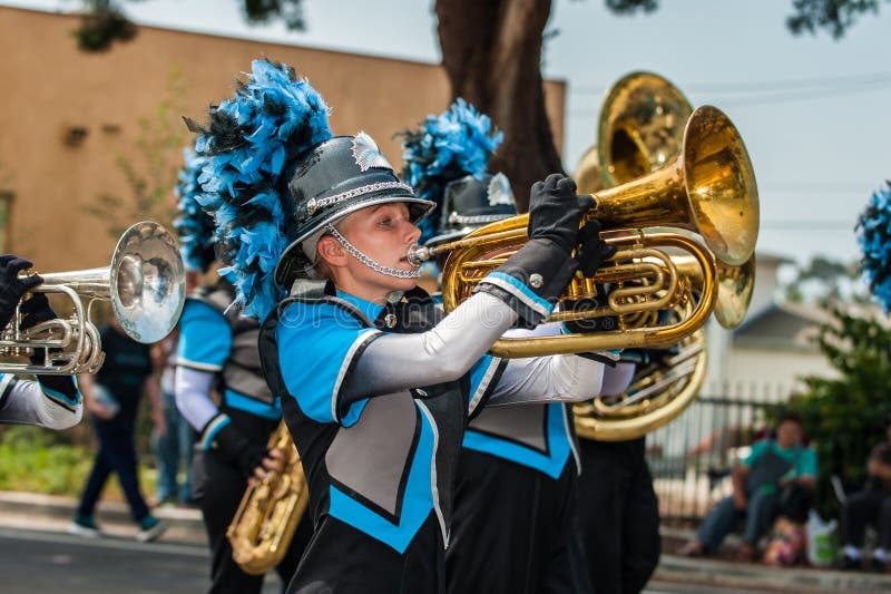 Marching band female baritone player in the number one position. Marching band female baritone player in the number one position.