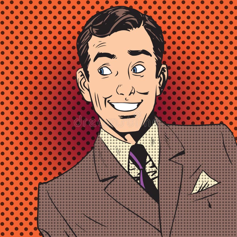 Banda desenhada de sorriso do pop art do artista do anfitrião do homem de negócios do homem feliz ilustração do vetor Banda desenhada de sorriso do pop art do artista do anfitrião do homem de negócios do homem feliz ilustração do vetor