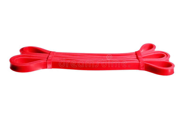 Banda di polso di gomma rossa torta isolata su bianco fotografia stock libera da diritti Banda di polso di gomma rossa torta isolata su bianco fotografia stock libera da diritti