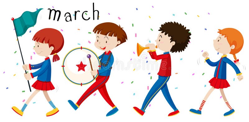 Banda di scuola che marcia sulla strada illustrazione vettoriale Banda di scuola che marcia sulla strada illustrazione vettoriale