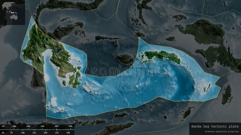 Banda Sea Plate Boundaries Contour Map Stock Illustration Banda Sea Tectonic Plate Composition Satellite Shape Outlined Darkened Desaturated Background Map Informative 187223447 