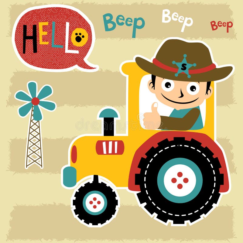 Bande dessinée d'agriculteur avec le tracteur jaune illustration stock Bande dessinée d'agriculteur avec le tracteur jaune illustration stock
