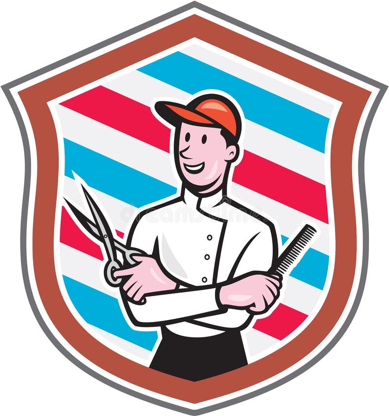 Bande dessinée de Barber Holding Scissors Comb Shield illustration de vecteur Bande dessinée de Barber Holding Scissors Comb Shield illustration de vecteur
