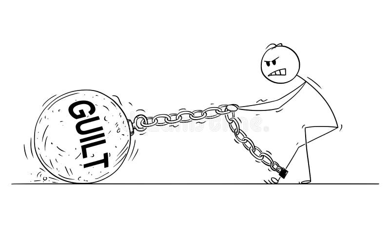 Cartoon stick drawing conceptual illustration of man or businessman pulling hard big Iron ball chained to his leg. Business concept of guilt that lie heavy on guilty person . Cartoon stick drawing conceptual illustration of man or businessman pulling hard big Iron ball chained to his leg. Business concept of guilt that lie heavy on guilty person .