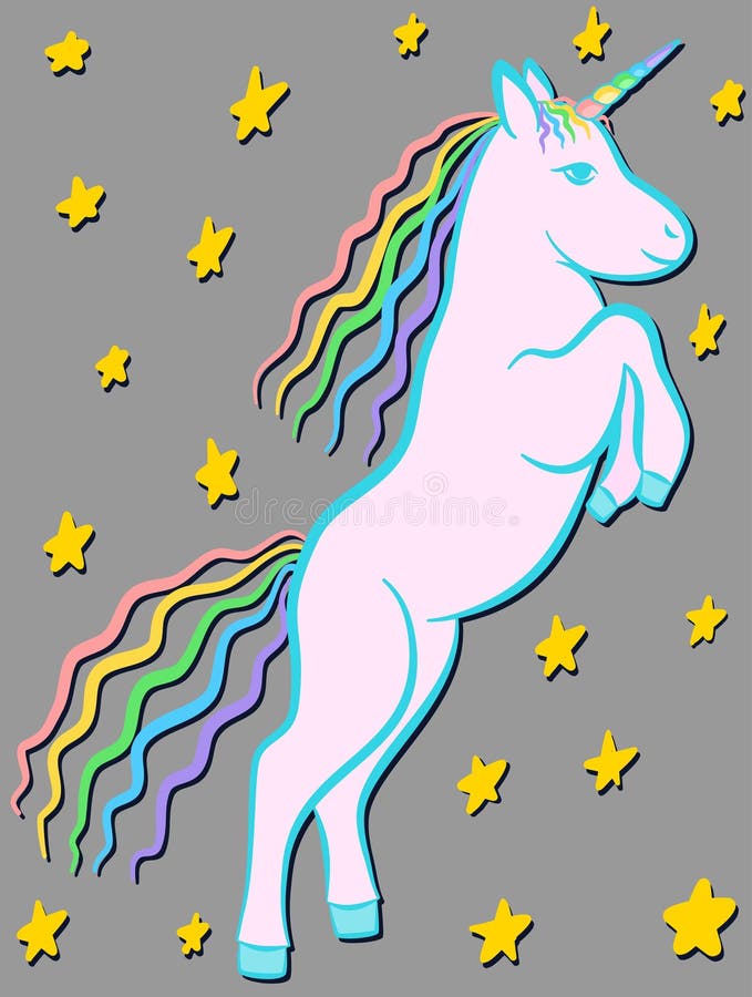 Bande dessinée de cheval de licorne d'arc-en-ciel sur un fond étoilé, affiche de crèche illustration stock Bande dessinée de cheval de licorne d'arc-en-ciel sur un fond étoilé, affiche de crèche illustration stock