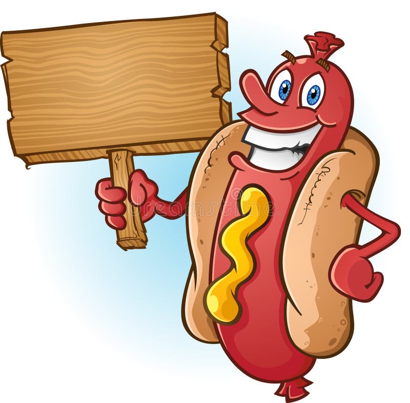 Bande dessinée de hot-dog retenant un signe en bois blanc illustration libre de droits Bande dessinée de hot-dog retenant un signe en bois blanc illustration libre de droits