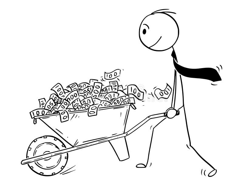 Bande dessinée de l'homme ou d'homme d'affaires ou politicien Pushing Wheelbarrow Full d'argent ou de billets de banque