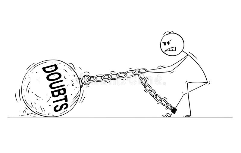 Cartoon stick drawing conceptual illustration of man pulling hard big Iron ball chained to his leg. Concept of doubts limiting affected person . Cartoon stick drawing conceptual illustration of man pulling hard big Iron ball chained to his leg. Concept of doubts limiting affected person .