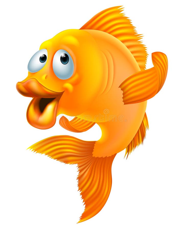 An illustration of a happy goldfish cartoon character waving. An illustration of a happy goldfish cartoon character waving