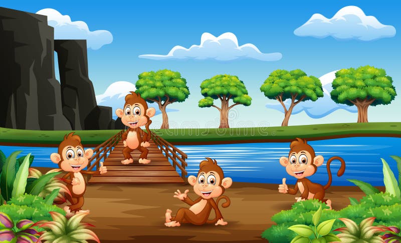 Bande dessinée de singes traînant sur le pont en bois illustration libre de droits