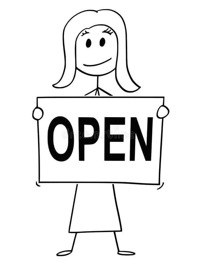 Bande dessinée de texte ouvert de Holding Sign With de femme ou de femme d'affaires illustration stock Bande dessinée de texte ouvert de Holding Sign With de femme ou de femme d'affaires illustration stock