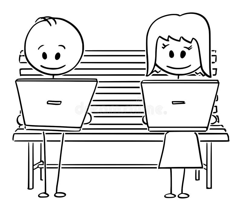 Bande dessinée de vecteur des couples de l'homme et de la femme s'asseyant sur le banc de parc et les écrans d'ordinateur de obse illustration libre de droits Bande dessinée de vecteur des couples de l'homme et de la femme s'asseyant sur le banc de parc et les écrans d'ordinateur de obse illustration libre de droits