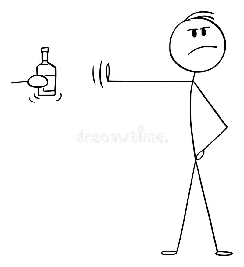 Vector cartoon stick figure drawing conceptual illustration of principled or high-principled man rejecting bottle of alcohol or hard liquor with hand gesture and pose. Vector cartoon stick figure drawing conceptual illustration of principled or high-principled man rejecting bottle of alcohol or hard liquor with hand gesture and pose.
