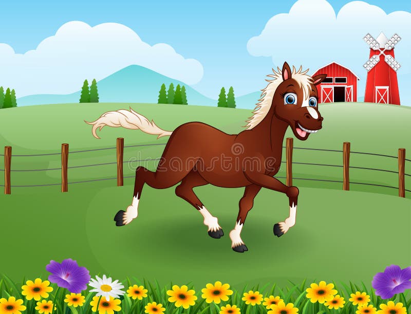 Illustration of happy horse cartoon in the farm with green field. Illustration of happy horse cartoon in the farm with green field