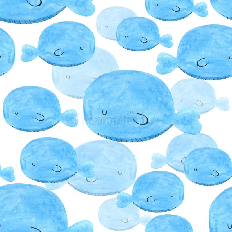 Bande dessinée sans couture de baleine bleue de modèle pour empaqueter, tissu d'impression L'image tirée par la main d'aquarelle illustration de vecteur