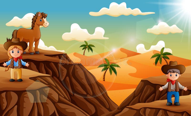 Illustration of Cartoon a cowboy and cwogirl on the desert. Illustration of Cartoon a cowboy and cwogirl on the desert