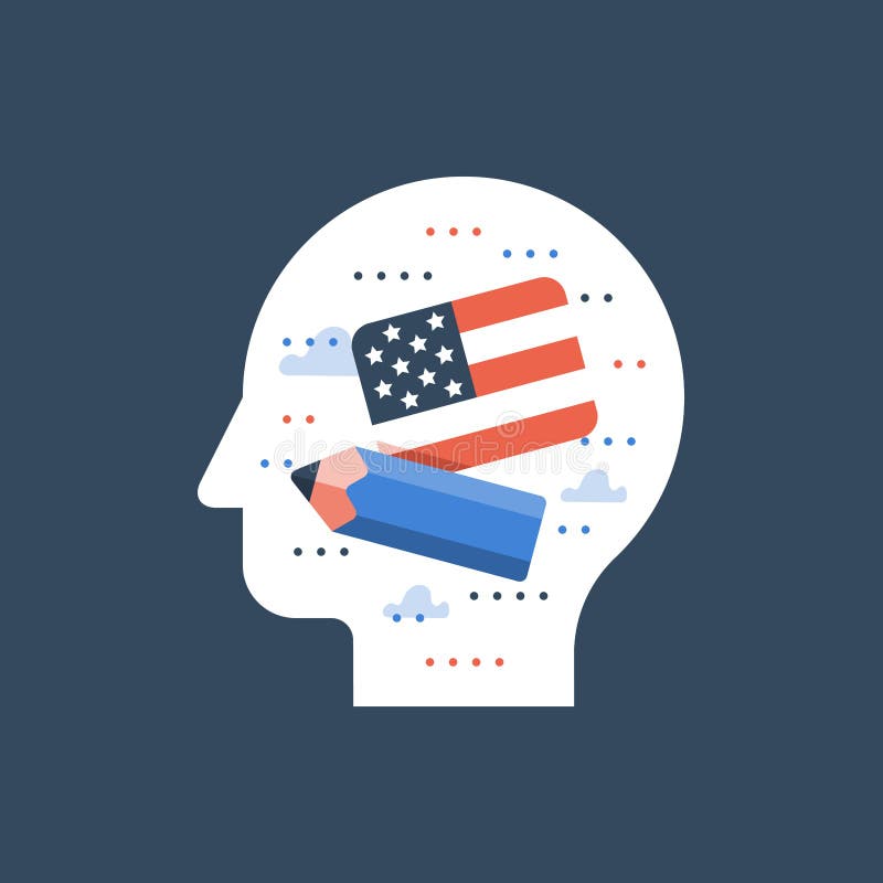A bandeira americana e o lápis, aprendem o inglês, programa educativo, troca internacional do estudante ilustração do vetor A bandeira americana e o lápis, aprendem o inglês, programa educativo, troca internacional do estudante ilustração do vetor