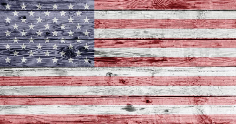 Independence day and patriotism concept - american flag painted on wooden texture. Independence day and patriotism concept - american flag painted on wooden texture