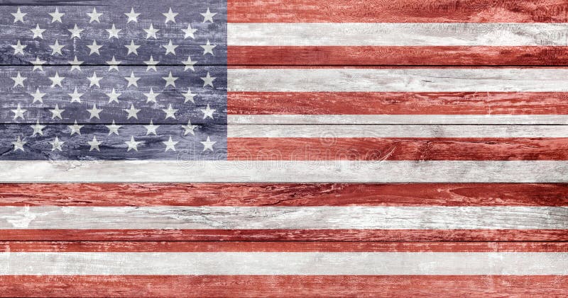 Independence day and patriotism concept - american flag painted on wooden texture. Independence day and patriotism concept - american flag painted on wooden texture