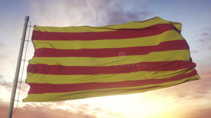 Bandeira da Catalonia, espanha no vento e fundo solar ilustração stock