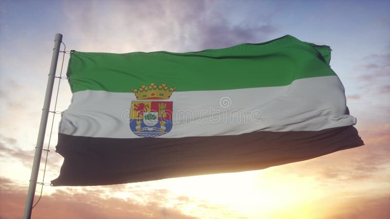 Bandeira da extremadura, espanha a balançar no céu eólico e fundo solar ilustração stock