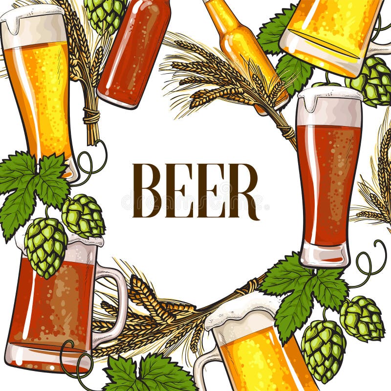 Bandeira da garrafa de cerveja, a caneca e o vidro, o malte e o lúpulo ilustração royalty free Bandeira da garrafa de cerveja, a caneca e o vidro, o malte e o lúpulo ilustração royalty free