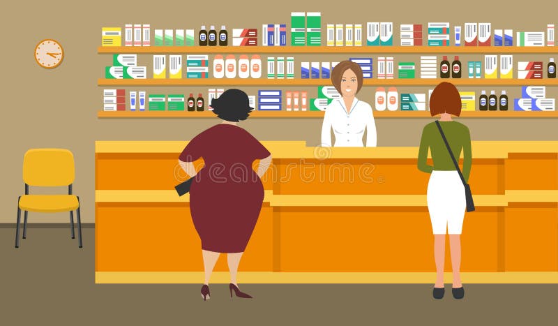 Bandeira da Web de uma jovem mulher do farmacêutico no local de trabalho em uma farmácia ilustração stock Bandeira da Web de uma jovem mulher do farmacêutico no local de trabalho em uma farmácia ilustração stock