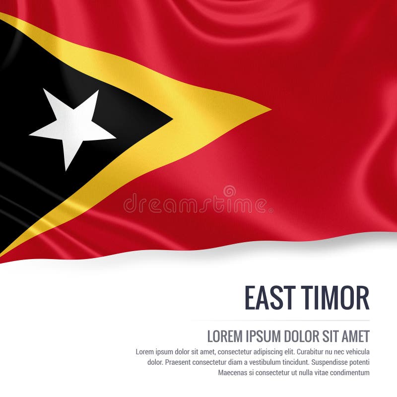 Bandeira de seda de Timor-Leste que acena em um fundo branco isolado com a área de texto branca para sua mensagem do anúncio